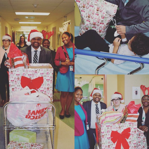 Photo collage of four people smiling while delivering wrapped presents